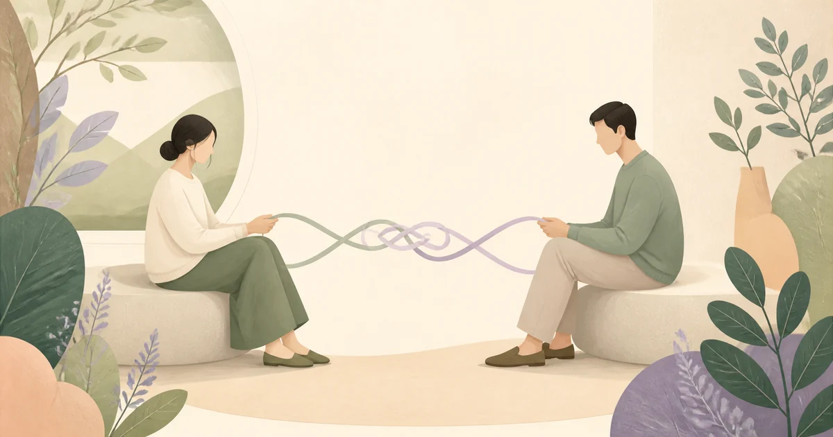 두 사람이 엉킨 끈을 함께 풀며 관계와 경계를 정리하는 장면